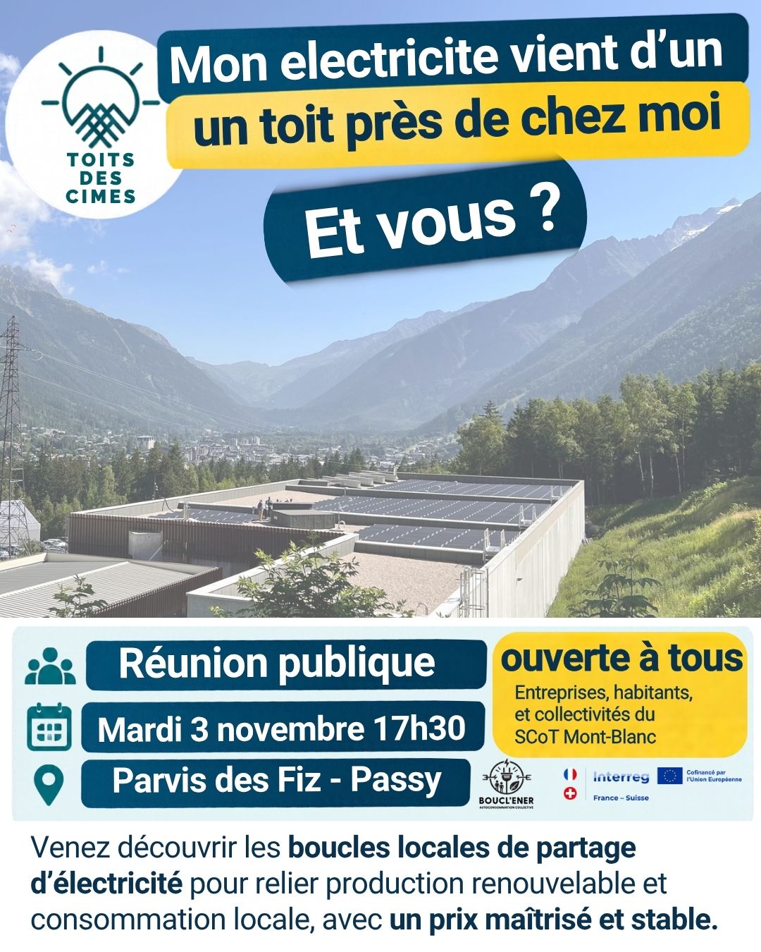 Reunion publique sur l'Autoconsommation Collective avec la commune de Passy et Toits des Cimes - Mardi 3 novembre 2026 – 17h30 - Parvis des Fiz